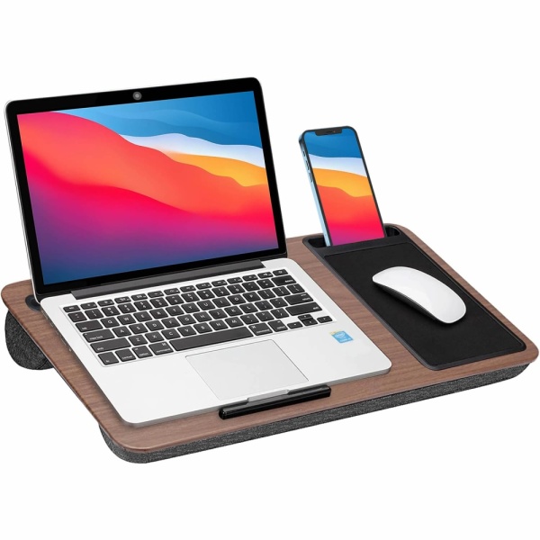 Multi Purpose Home Office Lap Desk with Mouse Pad and Phone & Tablet Holders - Walnut Wood