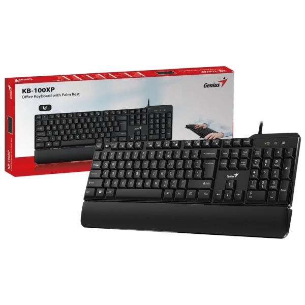 Genius KB-100XP Wired Keyboard, USB Plug and Play, 12 Multimedia Function Keys, Full Size UK QWERTY Layout with Palm Rest