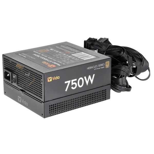 Vida Heracles Black 750W 80 Plus Bronze ATX Power Supply PSU 14cm Ultra-Quiet FDM Fan, Flat Black Cables, 4x PCI-E