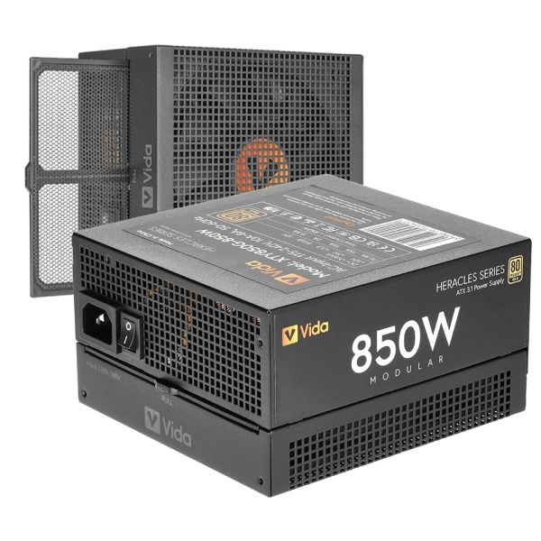 Vida Heracles 850W 80 Plus Gold ATX 3.1 Power Supply PSU 14cm Ultra-Quiet FDM Fan, Full Modular, 4x PCI-E, PCI-E 5.1, Black