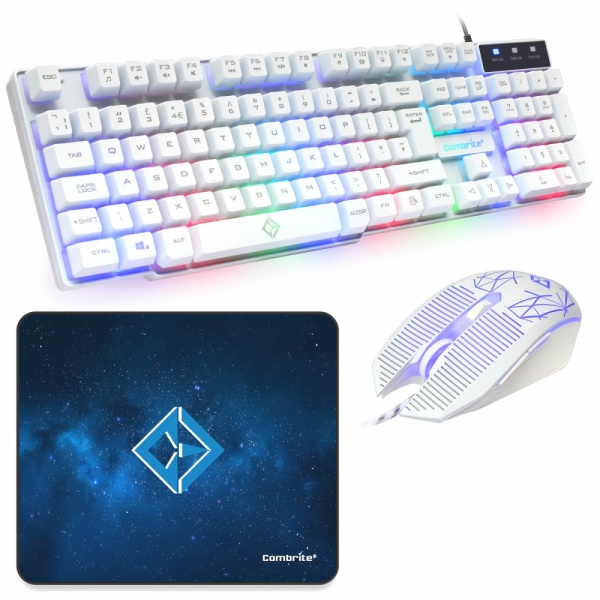 Combrite Raptor White USB Keyboard And Mouse Combo Rainbow LED Backlit GKM689