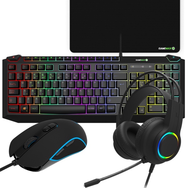 GameMax Pulse 4-in-1 LED Gaming Keyboard Mouse Headset Mouse Pad Combo Kit