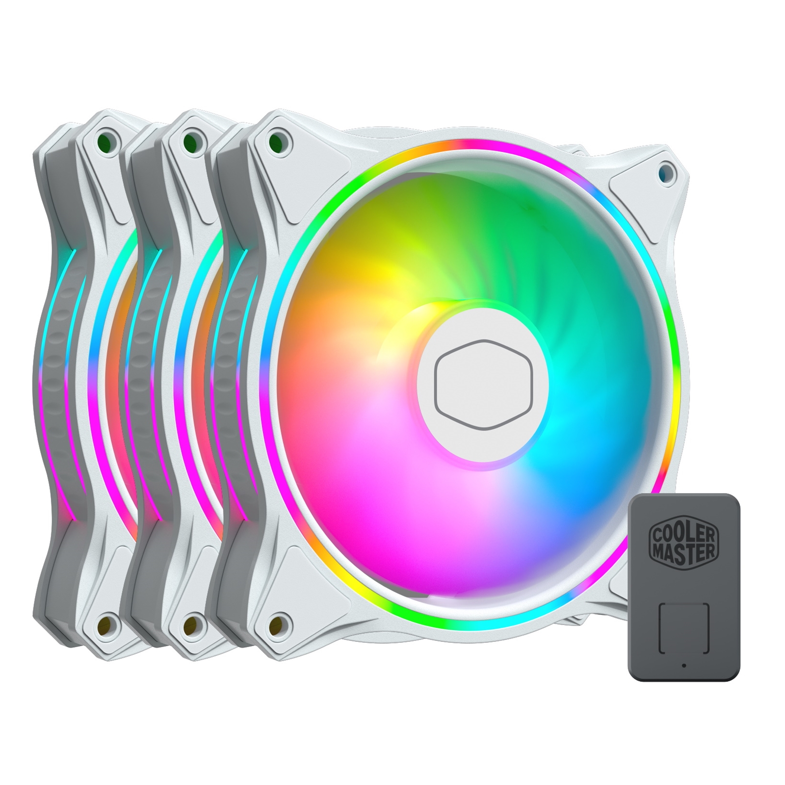 COOLER MASTER MasterFan MF120 Halo 3-in-1 White Edition Fan Pack, 120mm, 1800RPM, 4-Pin PWM Fan & 3-Pin ARGB Connectors, Dual Loop Addressable Gen 2 RGB Lighting, Addressable Gen 2 RGB Included - DigiDirect -
