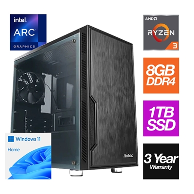 AMD Ryzen 3 4100 4 Core Processor, 8 Threads, 3.8Ghz (4.0GHz Boost) CPU, 8GB DDR4 RAM, 1TB SSD, Intel Arc A380 6GB Graphics, Windows 11 Home, Antec VSK Chassis with Window Side - Pre-Built PC