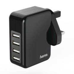 Hama 4 x USB-A Wall Plug Charger, 4.8A for Fast Charge